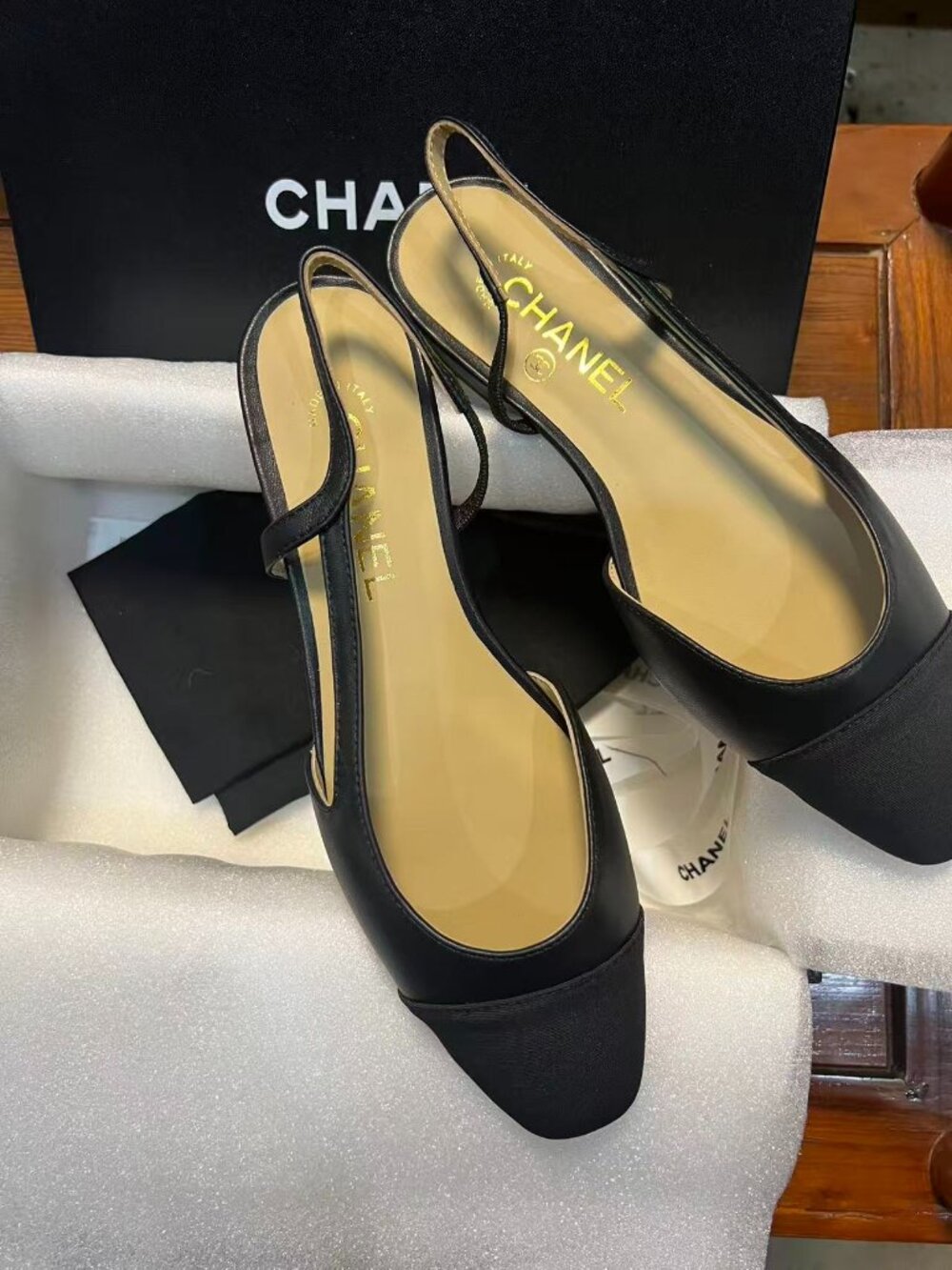 NEW CHANEL Black Slingback Flats